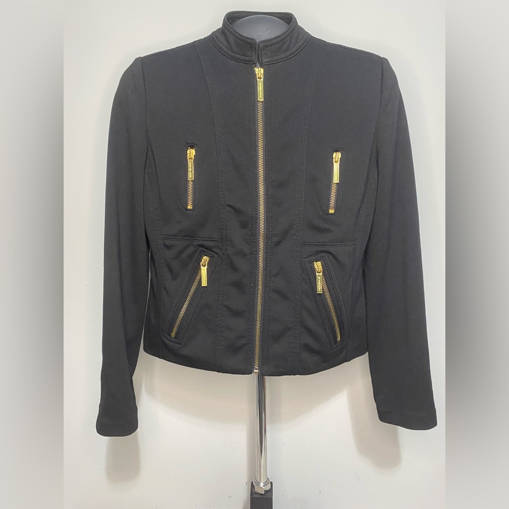 MICHAEL Kors Jet Black Blazer Jacket Gold Zippers Women Size Petite P